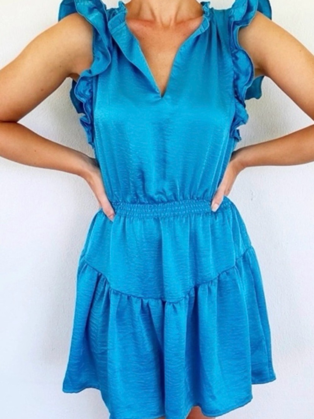 Steve Madden Teal Blue Ruffle Sleeve Tiered Mini Dress